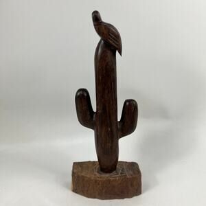 Vintage Mexican Ironwood Saguaro Cactus Bird Sculpture Hand Carved 15in Folk
